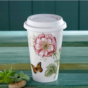 NIB LENOX Travel Mug Butterfly Meadow Thermal 10 OZ Cottagecore Pink Floral